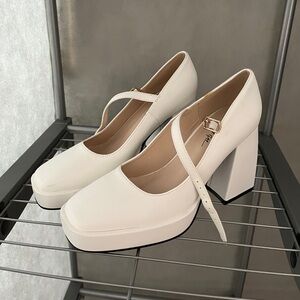 Nasty Gal White Faux Leather Flare Heel Mary Jane Shoes